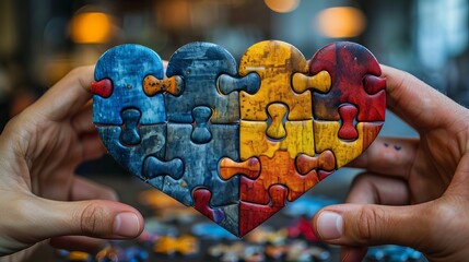Two individuals piece together a heart-shaped puzzle, representing the concept of building love relationships.