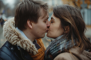 A man and a woman are kissing and the woman is wearing a scarf