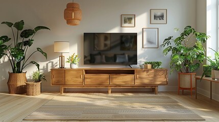 Cabinet for tv and for placing things in living room with houseplnat on empty white room. Generative Ai image.