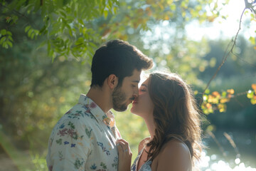 Fototapeta premium A man and woman kissing in front of a lake