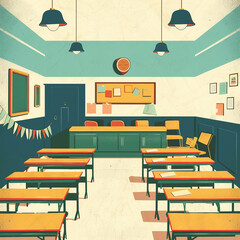 Salón de clases estilo retro, ilustración digital 