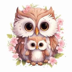 Watercolour Animal Clipart Cute Baby owl Siting on white background 