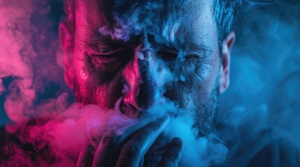 A man smoking a cigarette with red and blue backdrop. Suitable for lifestyle or addiction concept - obrazy, fototapety, plakaty