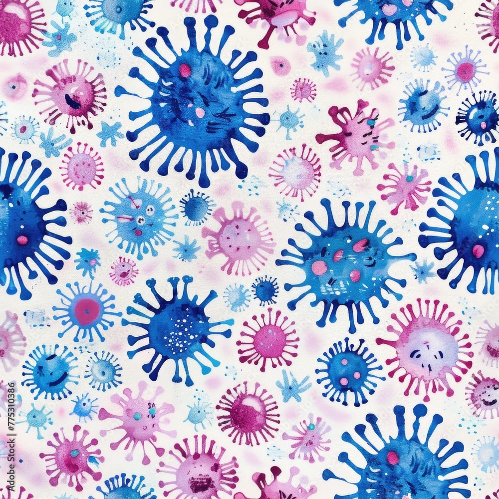 Poster Abstract pattern of blue and pink germs on a white background. Suitable for medical and scientific concepts