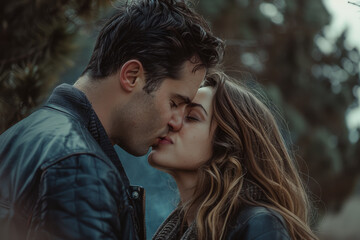 A man kisses a woman on the forehead while wearing a leather jacket