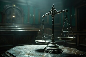 Scales of justice inside a dark court hall in a cinematic style with soft rays behind it. Legal concepts of judiciary, Jurisprudence and justice. - obrazy, fototapety, plakaty