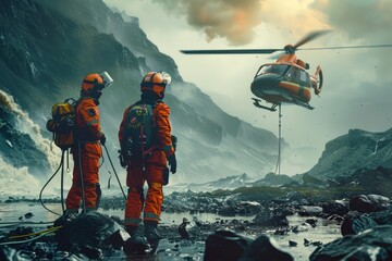 Two men in orange uniforms standing in front of a helicopter. Suitable for transportation or aviation concepts - obrazy, fototapety, plakaty