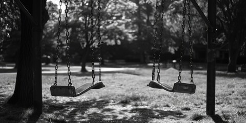 Black and white photo of two swings in a park. Suitable for outdoor recreation concept