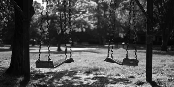 Fototapeta Black and white photo of two swings in a park. Suitable for outdoor recreation concept