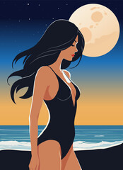 a woman in a swimsuit walks along the ocean shore at night under the moon and stars