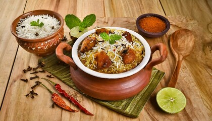 Culinary Delight: Matka Dum Biryani Served Alongside Yoghurt and Curry - obrazy, fototapety, plakaty