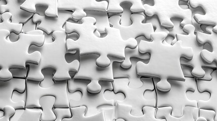 White jigsaw puzzle pieces grid, symbolizing success and solution, with copy space for text, viewed from the top on a white background.