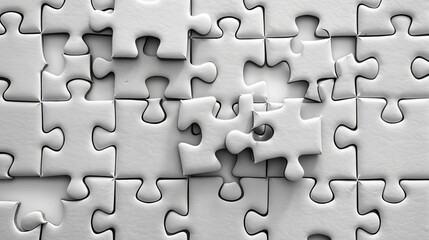 White jigsaw puzzle pieces grid, symbolizing success and solution, with copy space for text, viewed from the top on a white background.