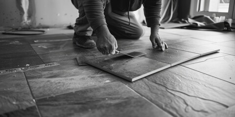 A man kneeling on the floor working on a piece of wood. Suitable for woodworking or DIY projects - obrazy, fototapety, plakaty