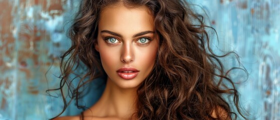   A photo of a woman with long hair and blue eyes, staring intently at the camera with a grave expression - obrazy, fototapety, plakaty