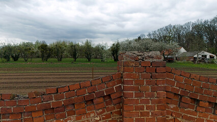 Ogrodzenie, płot z starej czerwonej cegły, obszary wiejskie, wiosna. © Stanisław Błachowicz