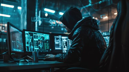 A man in a hoodie sitting in front of a computer. Ideal for illustrating technology and remote work concepts - obrazy, fototapety, plakaty