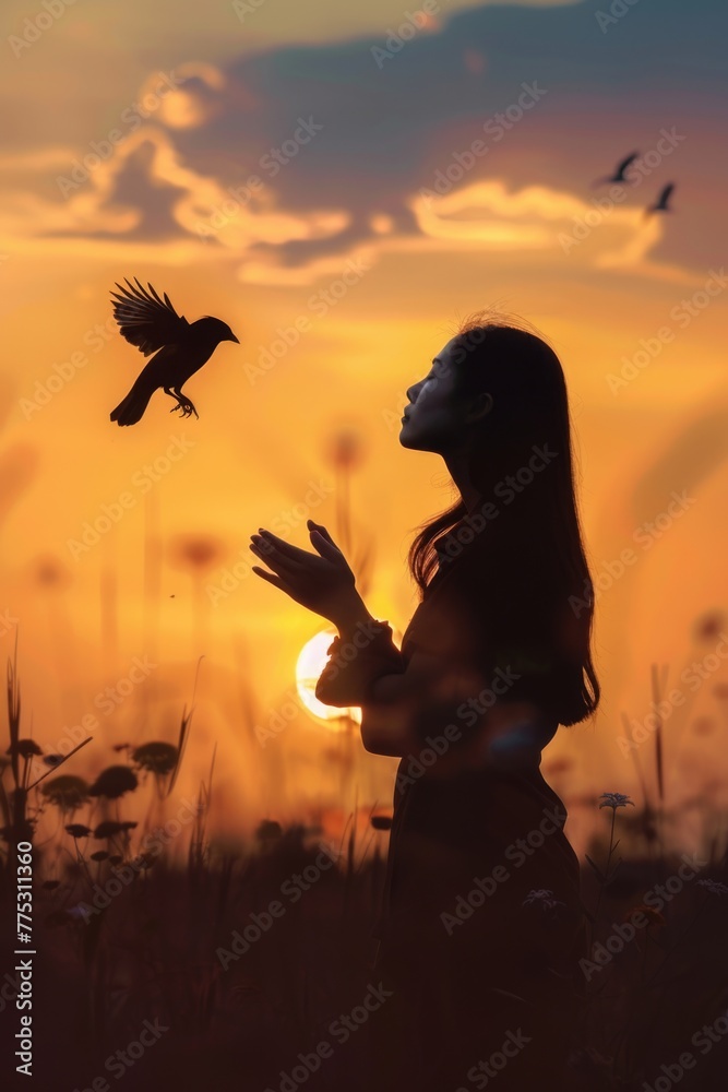 Poster a woman standing in a field with a bird flying in the air. suitable for nature and freedom concepts