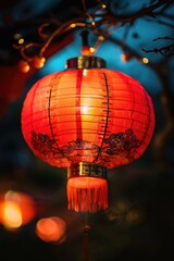 Obraz premium Vibrant red Chinese lantern hanging from a tree branch. Perfect for cultural celebrations or festive decorations