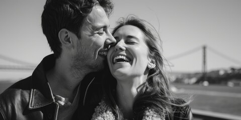 Joyful man and woman sharing a laugh. Suitable for lifestyle blogs or relationship advice articles - obrazy, fototapety, plakaty