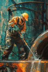 A man in a hard hat and overalls cleaning a pipe with a hose. Suitable for industrial and maintenance concepts