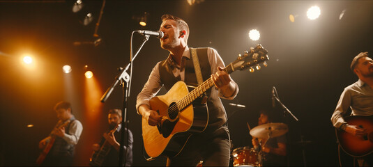 Passionate Male Guitarist Singing Energetically Onstage with Band, Live Music Concert