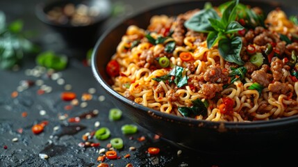   Close-up of a noodle dish with meat, veggies on black background, sprinkled