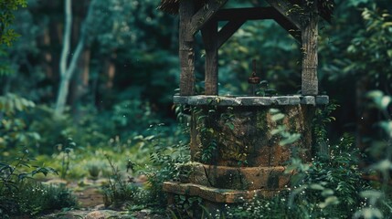 A serene well nestled in a lush forest. Ideal for nature-themed designs