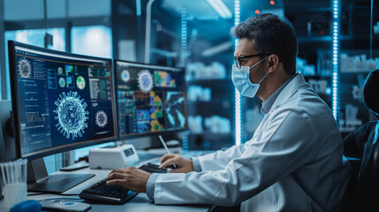 Medical professional in a lab analyzing influenza data, visible graphs and virus images on the computer screen, focused and serious atmosphere, clinical setting