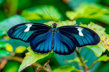 Beautiful Blue Doris Longwing butterfly rests among the foliage of a garden