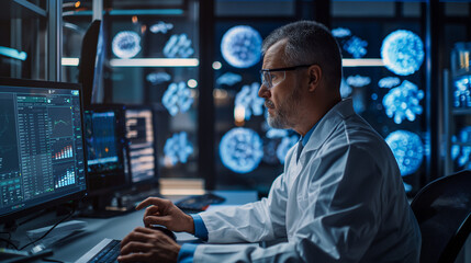 Fototapeta premium Medical professional in a lab analyzing influenza data, visible graphs and virus images on the computer screen, focused and serious atmosphere, clinical setting