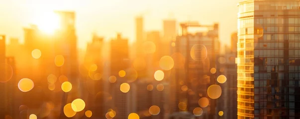 Poster Blurred cityscape background with golden sunset light and bokeh effect, creating an abstract urban landscape banner template Generative AI © SKIMP Art