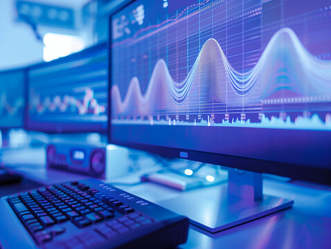 Soundwaves in a scientific context, graph on a computer screen showing frequency and amplitude, technical and detailed