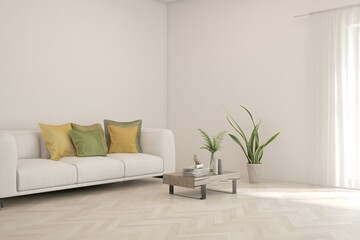 White living room with sofa. Scandinavian interior design. 3D illustration
