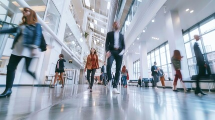 A group of people walking through a lobby. Suitable for business and corporate concepts