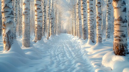 Obraz premium A path lined with trees on either side, surrounded by snow