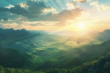 Sun shining brightly over a scenic mountain valley, perfect for nature and landscape themes - obrazy, fototapety, plakaty
