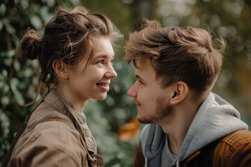A man and a woman are looking at each other and smiling