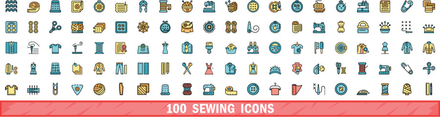 100 sewing icons set. Color line set of sewing vector icons thin line color flat on white