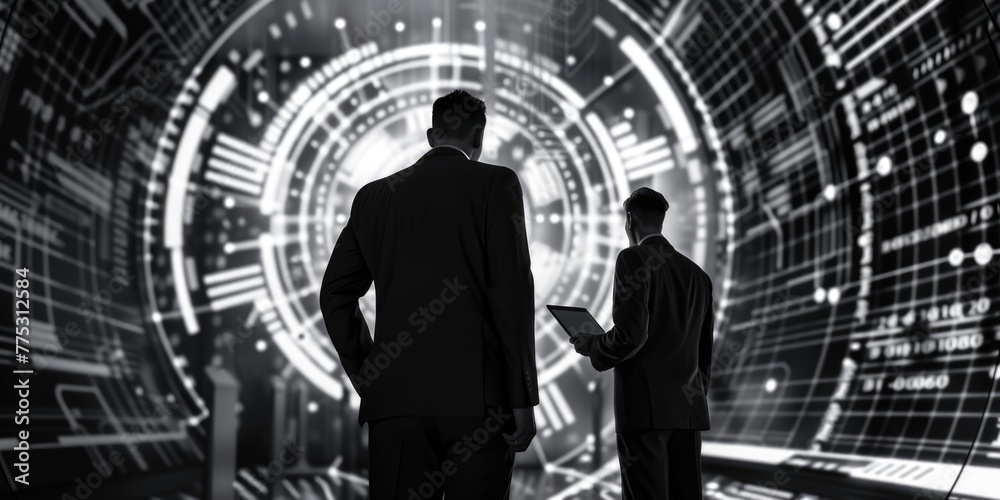 Poster Two men standing in front of a digital tunnel. Suitable for technology concepts
