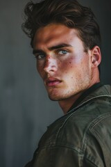 Obraz premium Close up of a person wearing a jacket. Suitable for fashion or outdoor activities