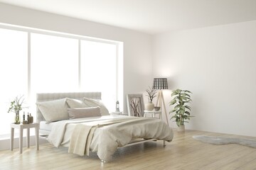 White bedroom concept. Scandinavian interior design. 3D illustration