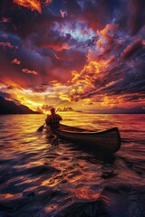 A person in a canoe on the water at sunset. Suitable for outdoor and adventure themes