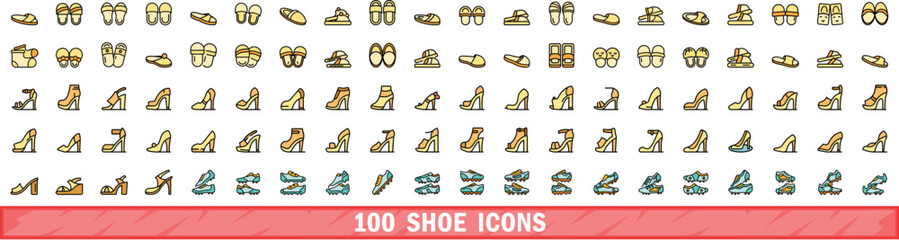 100 shoe icons set. Color line set of shoe vector icons thin line color flat on white