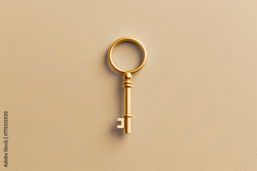 Poster A shiny golden key resting on a neutral beige background. Ideal for concepts of security and access