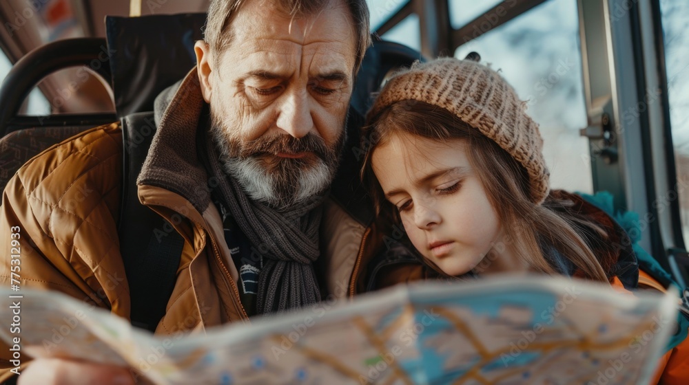 Aufkleber a man and a little girl studying a map. suitable for travel and navigation concepts