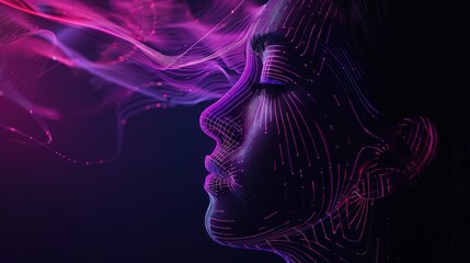 female face created from wireframe mesh purple color