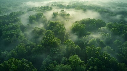  A dense forest full of verdant trees shrouded in mist - obrazy, fototapety, plakaty