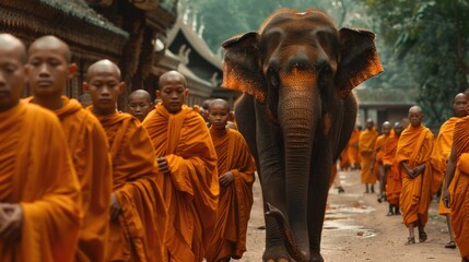 Group of monks walking down a street with an elephant. Suitable for cultural and religious themes - obrazy, fototapety, plakaty