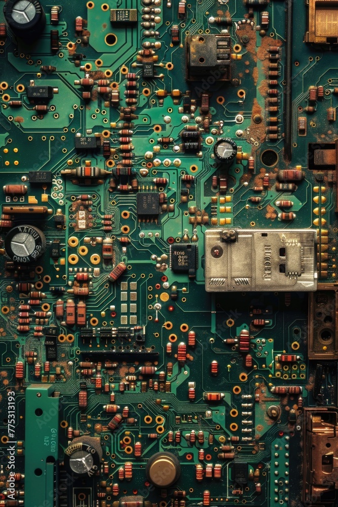 Poster Detailed view of a computer motherboard. Suitable for technology concepts